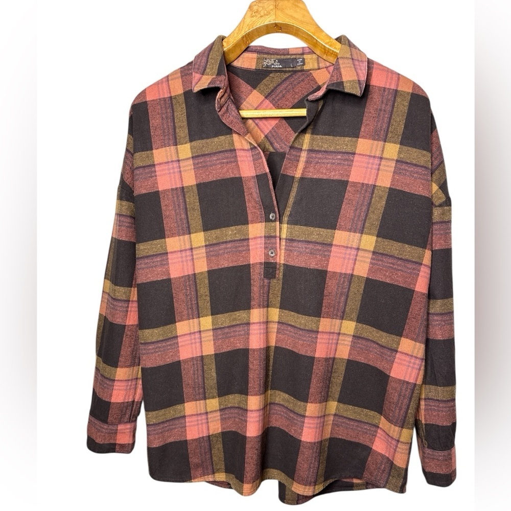 Prana Women's L Flannel Popover Top Organic Cotton Hemp Blend Brown Plaid Dante